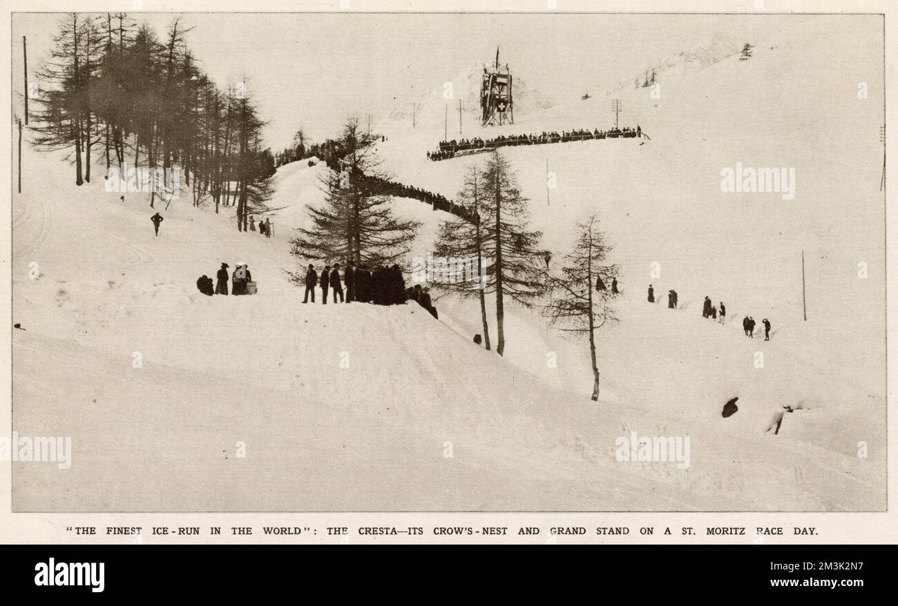 Cresta Run, with its 'Crow's Nest' and grandstand (top) on a St. Moritz race day in 1912.   This famous course is the home venue for the St. Moritz Tobogganing Club and was first laid out in 1884. Stock Photo