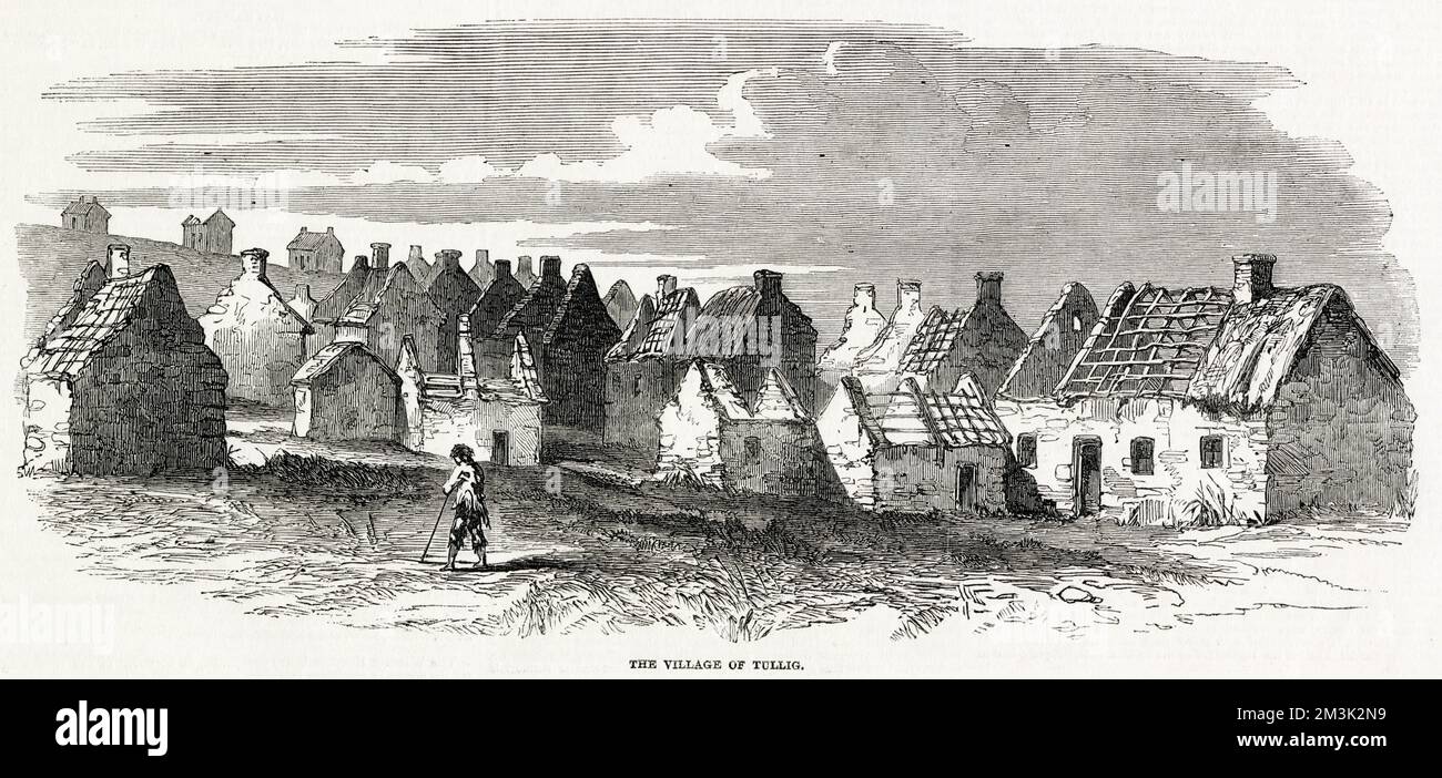 This is a landscape scene of the deserted village of Tullig in Ireland. It has a quiet and desperate air about it. A lone figure in tattered clothes holds a stick as he walks by the disused dwellings. The roofs are in a state of disrepair and render the cottages uninhabitable to all but the most destitute and dispossessed inhabitants. This was common during the potato famine and evictions in the middle of the 19th century. Stock Photo