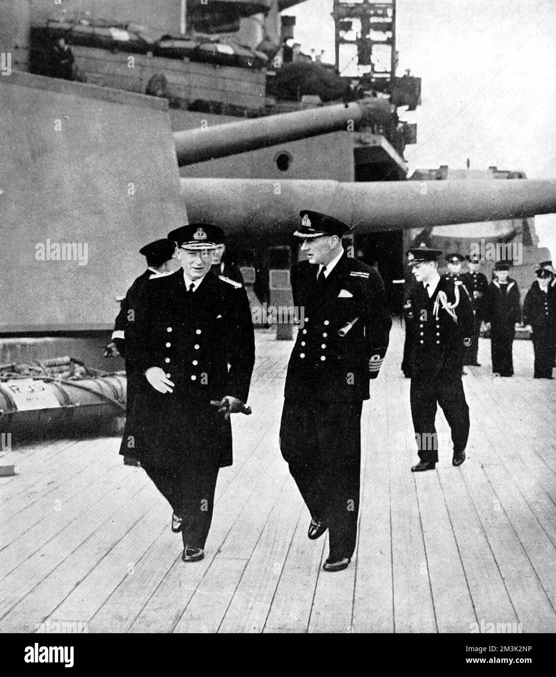 Admiral Sir John Tovey (left) and Captain J.C. Leach on the quarter deck of the Royal Navy battleship HMS 'Prince of Wales', 1941.     Date: 1941 Stock Photo