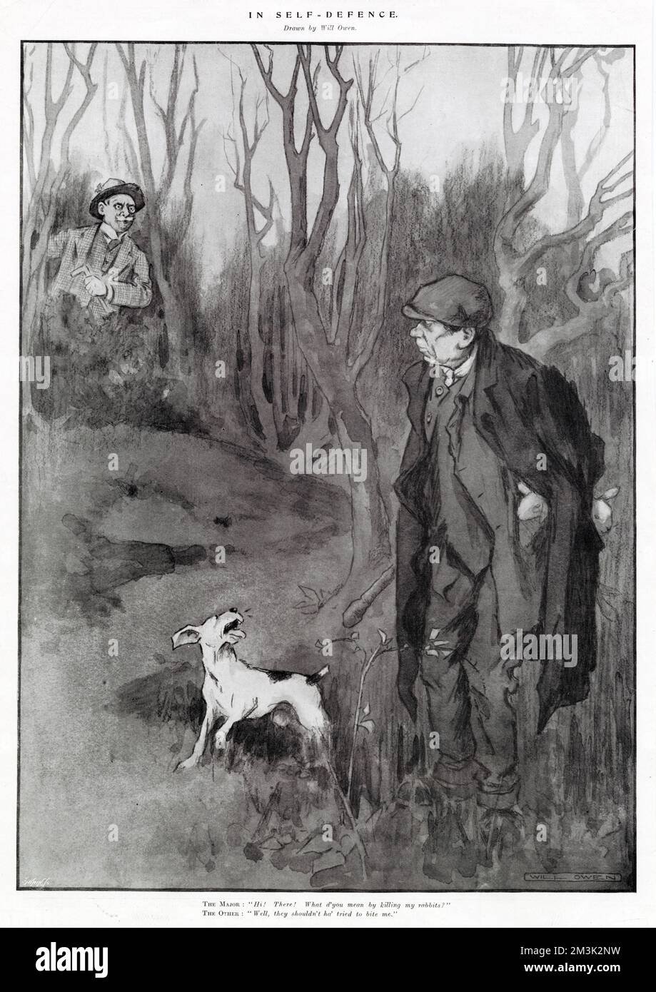 Confrontation between a land-owner (left) and a poacher, entitled 'In Self-Defence'.   The original caption had the following exchange: 'The Major: 'Hi! There! What d'you mean by killing my rabbits?' The Other: 'Well, they shouldn't ha' tried to bite me.' Stock Photo