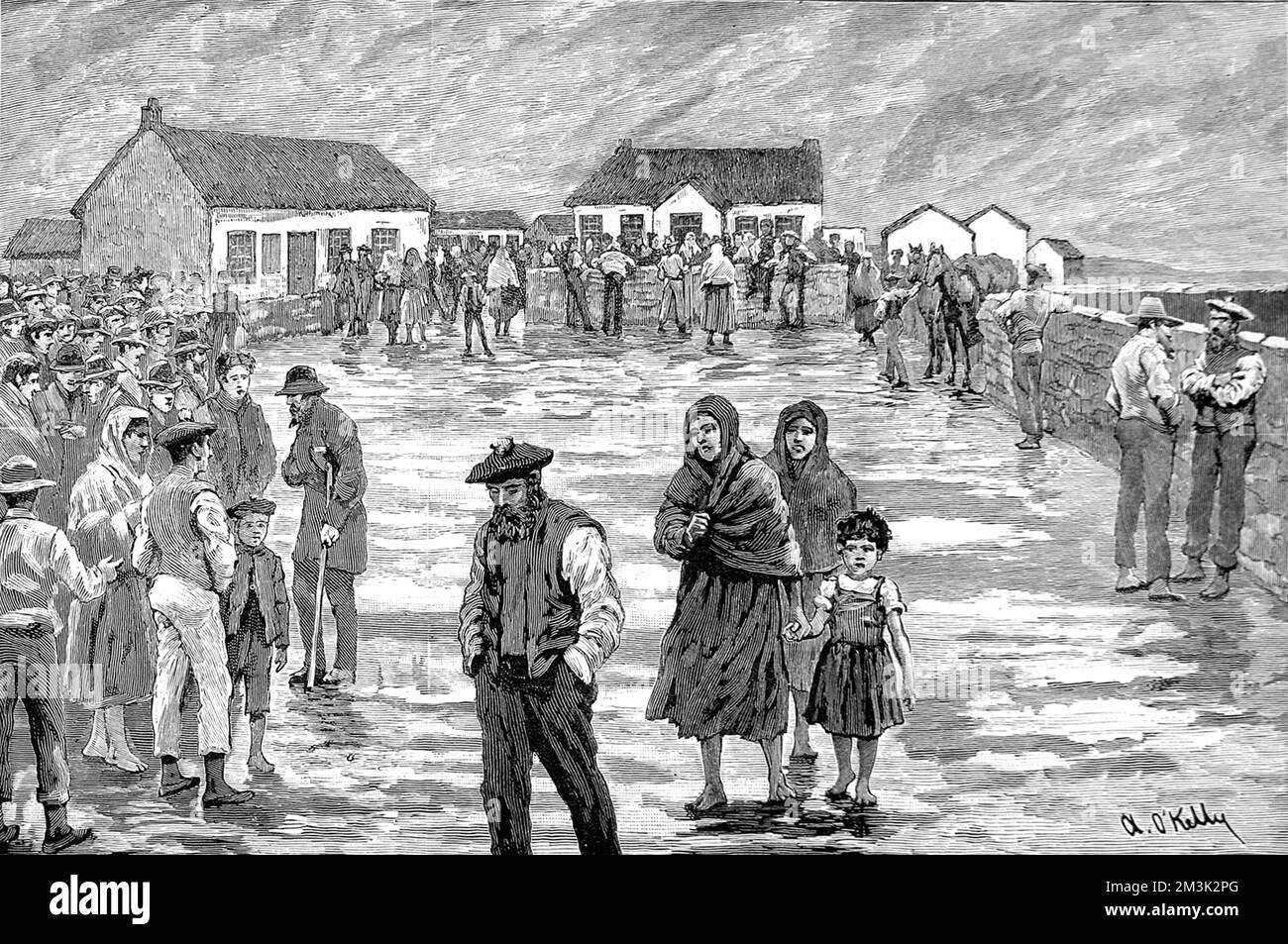 A crowd of men and women wait for relief outside the priest's house at Kilronan, Arran Islands, Ireland. Hunger and destitution were brought on by the potato famine in the mid 19th century and further compounded by the forced evictions of poverty-stricken peasants from their homes and farms.  1886 Stock Photo