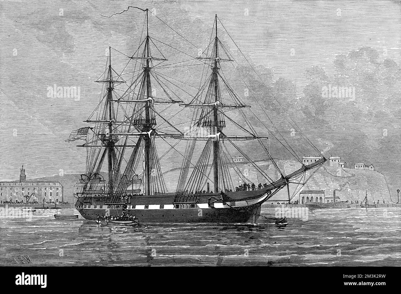 The United States frigate, Constellation, with relief stores and provisions for the relief of Irish distress, in Cork Harbour. Extreme hunger among the Irish peasantry was brought on by the potato famine in the mid 19th century and further compounded by the forced evictions of poverty-stricken peasants from their homes and farms.  1880 Stock Photo