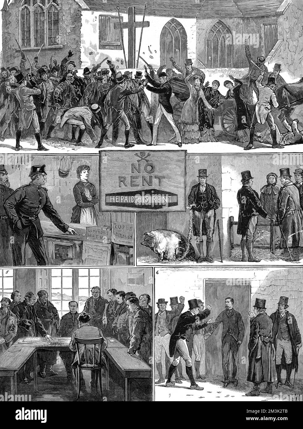 Scenes in the late 19th century during the Rent War in Tipperary as follows: 1. A Riot at Templebraden, Limerick County  2. Boycotted Policemen 3. A 'No Rent' Placard  4. Boycotted at the Pig Market, Tipperary  5. A collection at the Town Hall, Tipperary, in aid of the Political Prisoners Maintenance Fund.  6. Tenants demonstrating in Tipperary, refusing to pay rent.  1881 Stock Photo