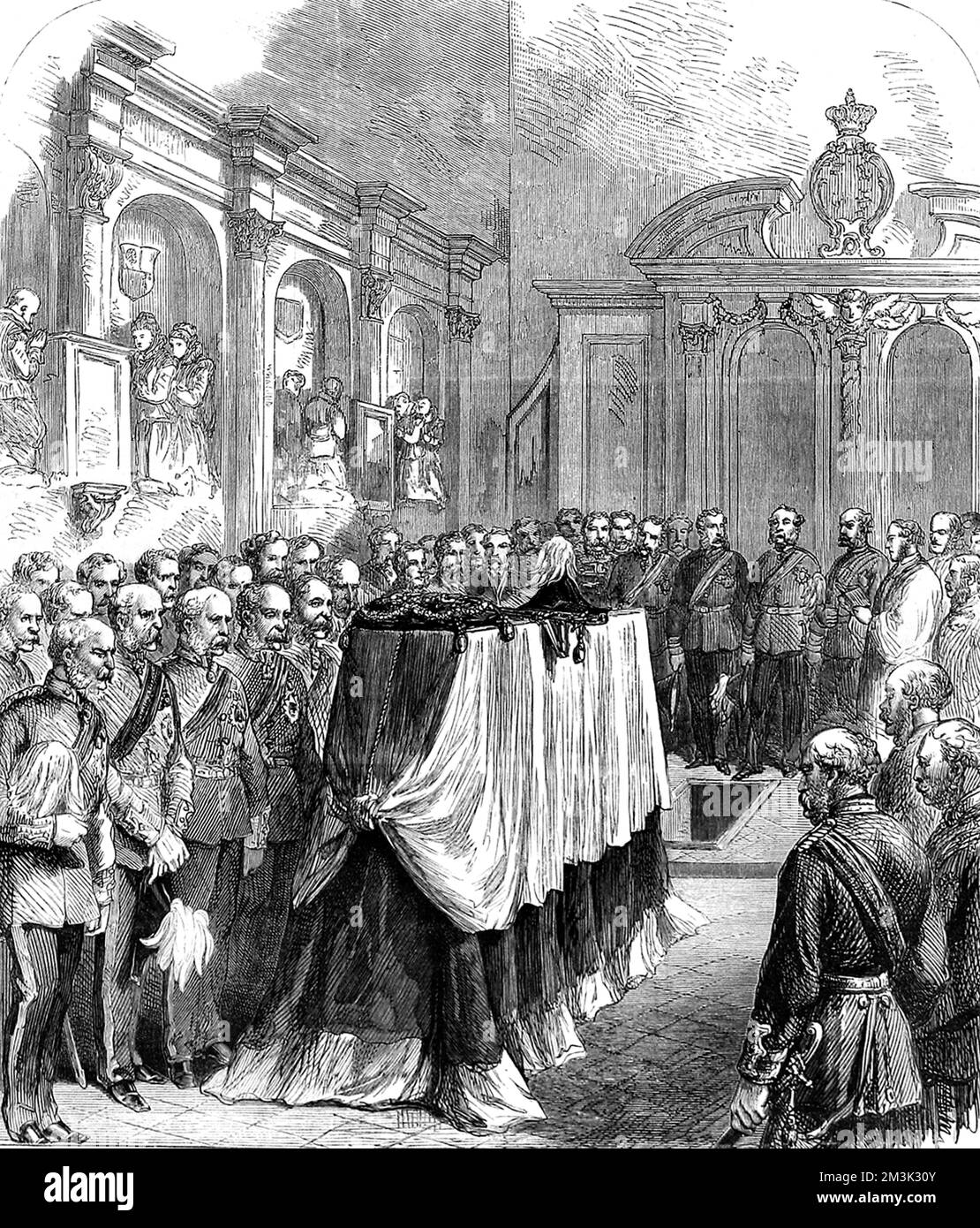 Funeral of Field Marshal Sir John Pox Burgoyne (1782 - 1871), the British soldier, held at St. Peter's Church in the Tower of London, 1871. Burgoyne's hat and sword lay on top of his casket. Stock Photo