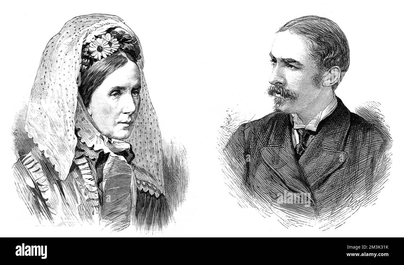 Baroness Angela Georgina Burdett-Coutts (1814 - 1906) and William Ashmead Burdett-Coutts Bartlett (1851 - 1921) who were married in Christ Church, Piccadilly, London, 1881.   Baroness Burdett-Coutts was one of the greatest philanthropists of the time, while Mr. Ashmead Burdett-Coutts Bartlett later became a Member of Parliament. Stock Photo