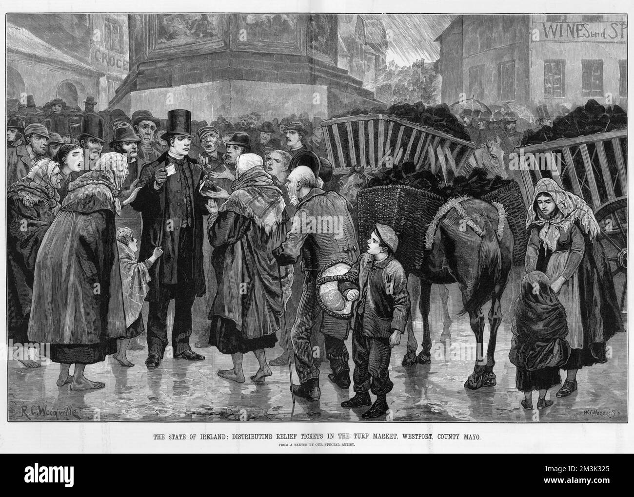 Smart young official distributing relief tickets in the turf market, Westport, County Mayo. The miserable conditions of the poor seen here were brought on by the potato famine in the mid 19th century and further compounded by the forced evictions of poverty-stricken peasants from their homes and farms.     Date: 6 March 1880 Stock Photo