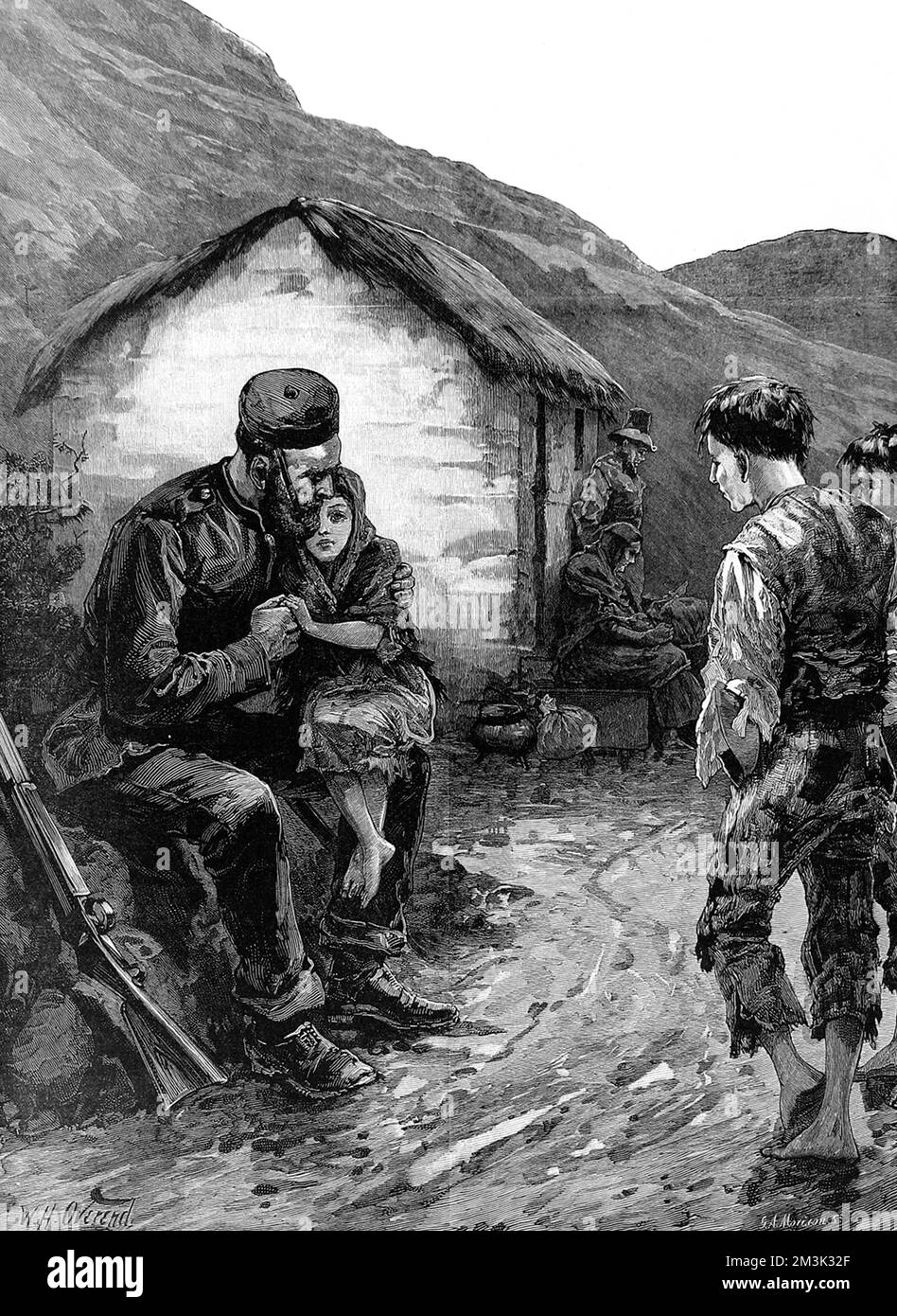 A figure of authority moved to pity, comforts a young barefoot girl at the scene of an eviction on Clare Island, Ireland. Two young lads, also barefoot and in rags, look on as the soldier tenderly holds her hand and sits her on his lap. In the background a dejected man and woman hang their heads. Their destitution and poverty illustrated by the meagre possessions at the woman's side. These miserable conditions were brought on by the potato famine in the mid 19th century and further compounded by the forced evictions of poverty-stricken peasants from their homes and farms.     Date:  1886 Stock Photo