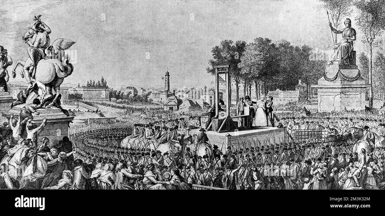 Illustration showing the execution of Marie Antoinette, wife of King Louis XVI of France, in the Place de la Revolution, Paris, 16 October 1793.     Date: 21 October 1893 Stock Photo