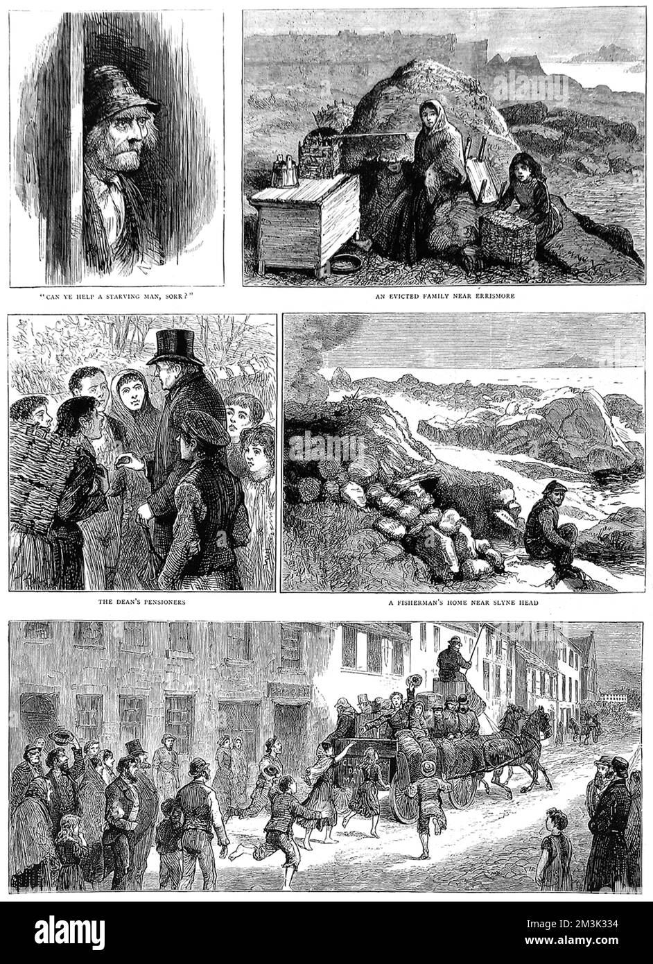 These scenes show the poverty, homelessness and resulting emigration of the Irish to America. The first four scenes are of destitution and hunger. These miserable conditions were brought on by the potato famine in the mid 19th century and further compounded by the forced evictions of poverty-stricken peasants from their homes and farms.  1880 Stock Photo