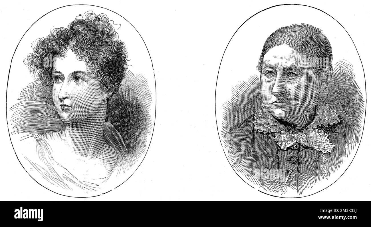 Two engraved portraits of Lady Charlotte Bacon (1801 - 1880), who was the 'Ianthe' referred to in Lord Byron's 'Childe Harold' of 1817. The portrait on the left shows her at sixteen and the other at seventy-nine. Stock Photo