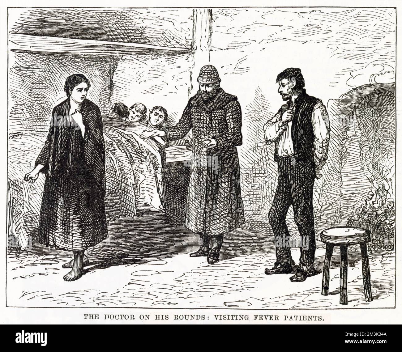 Here a doctor takes the pulse of one of three patients in the same bed. A man and woman look on with worry and fear. Hunger and disease were the backdrop to the outbreak of fever. These miserable conditions were brought on by the potato famine in the mid 19th century and further compounded by the forced evictions of poverty-stricken peasants from their homes and farms. Stock Photo