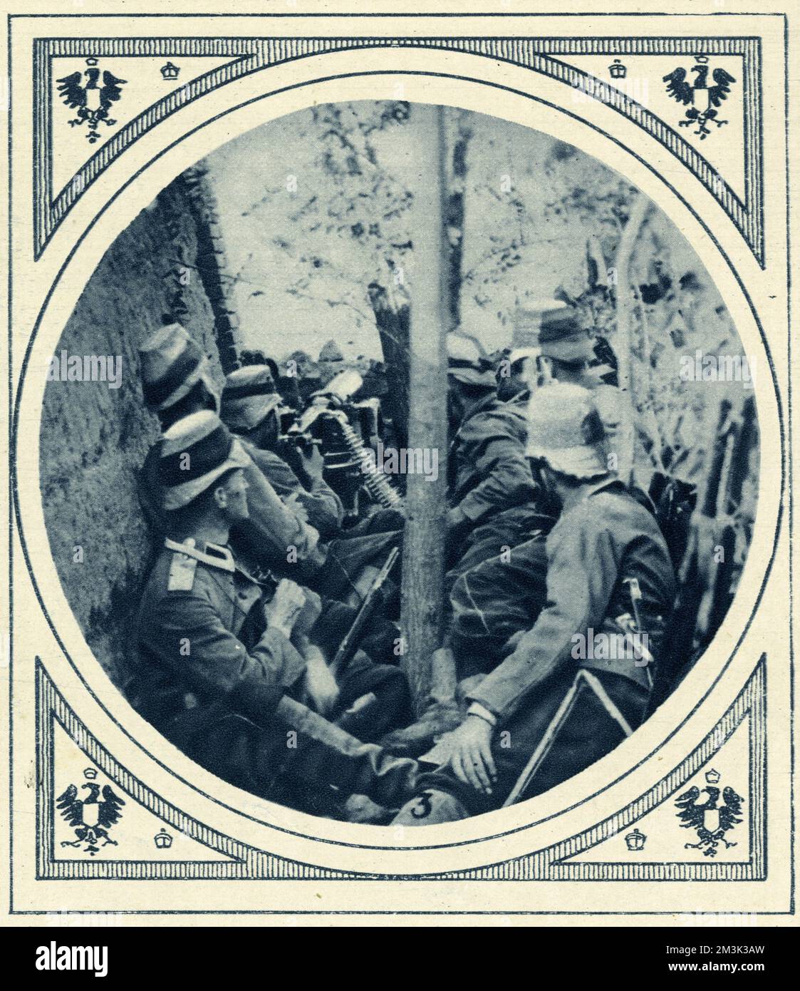 Germany's eastern stronghold which suffered the fate of Liege and Antwerp: Men of the German Garrison at Tsing-Tau. Germans entrenched with a machine-gun, photograph taken when the siege began; otherwise the dark band round the helmet-covers might be taken for manoeuvres badge. Stock Photo