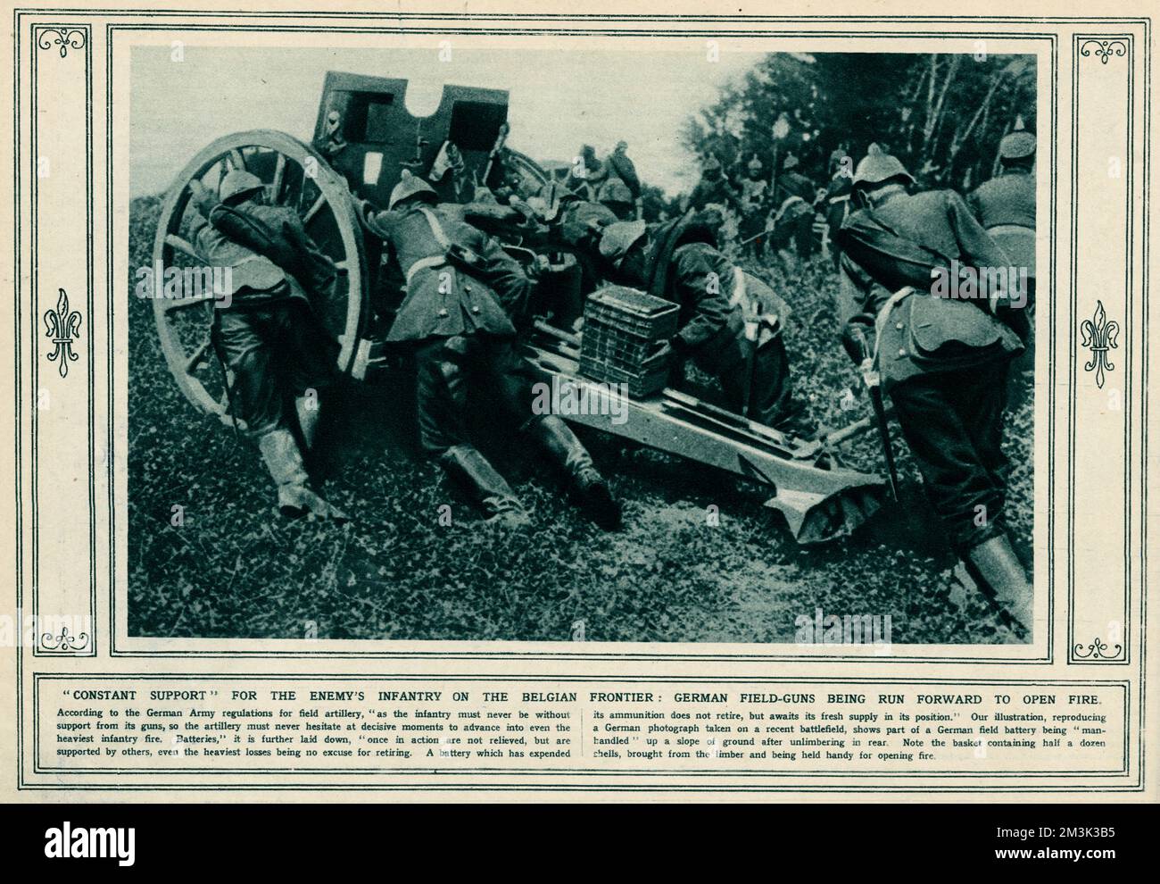 On the Belgian Frontier German field guns being run forward to open fire. Date 1914 Stock