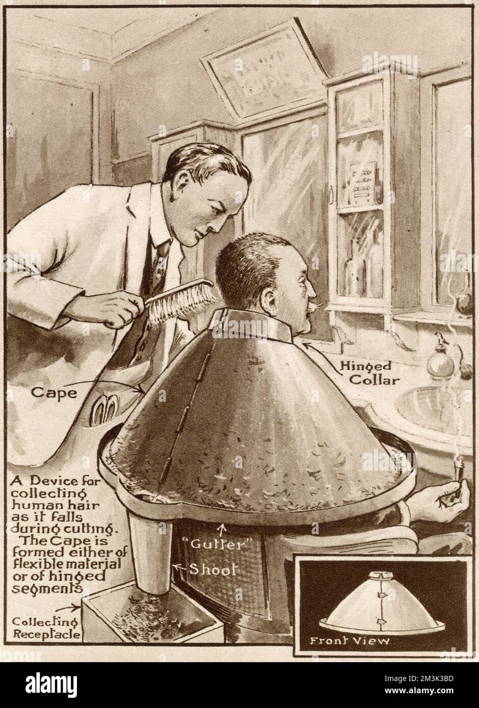 A thennewly invented hairdresser's collar and cape, which was designed