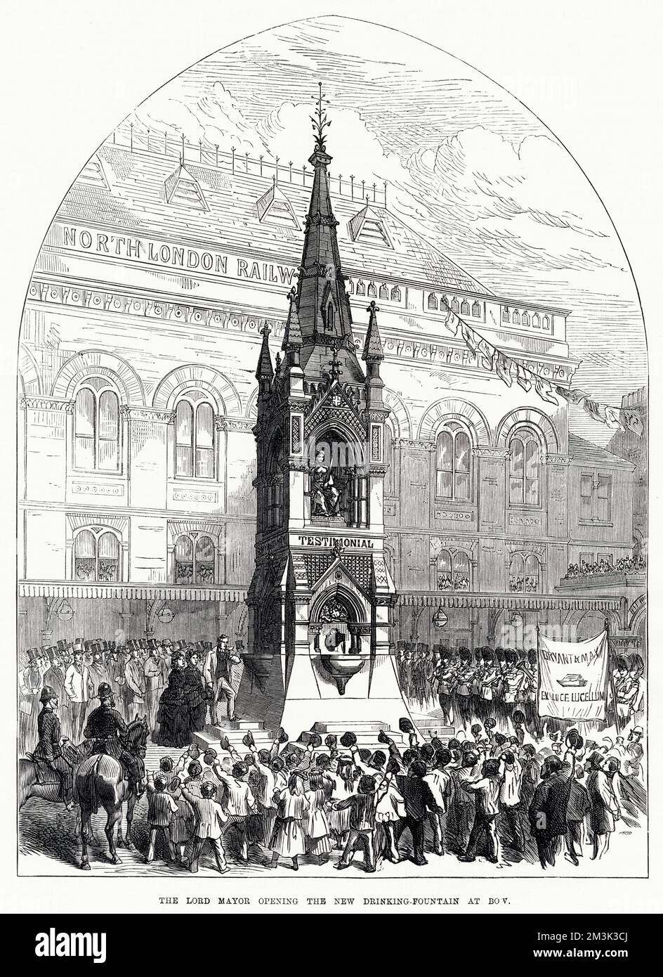 Opening of a drinking fountain outside Bow Station by the Lord Mayor of London.  This monumental fountain was dedicated to Messrs. Bryant and May, manufacturers of 'Patent Safety Lucifer Matches'. Stock Photo