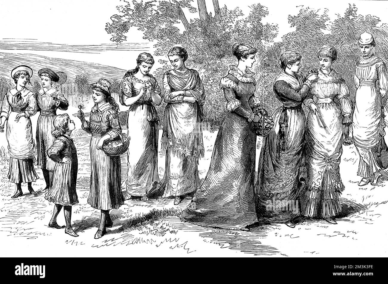 A group of women in types of 'Rational Dress', shown at the Exhibition of Hygienic Costume.  In the 1880's the 'Dress Reform Movement' and the 'Rational Dress Society' attempted to free women from the constraints and impracticalities of corsets and other impractical clothing.  1882 Stock Photo