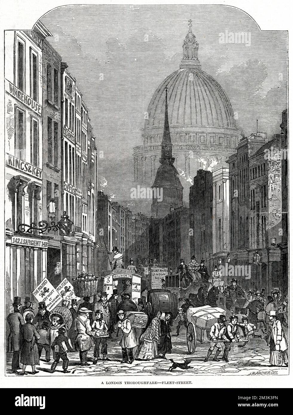 View east along Fleet Street, looking towards Ludgate and the dome of St. Pauls Cathedral, London.     Date: 1848 Stock Photo