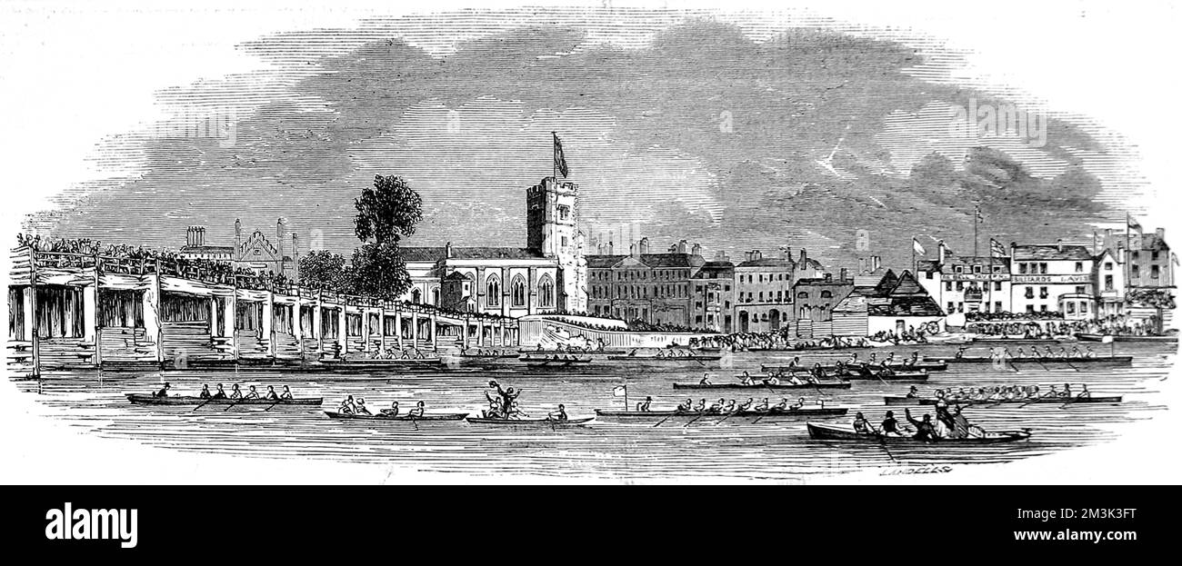 Rowing boats, participating in the Thames Regatta of 1843, heading away