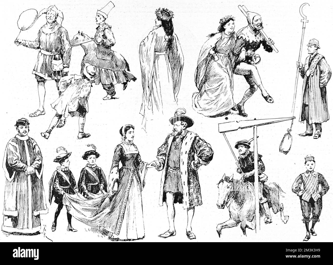 Series of the participants in the May Day Procession at St. Mary Cray, Kent, 1891. These figures are mostly dressed in medieval garb.  9 May 1891 Stock Photo