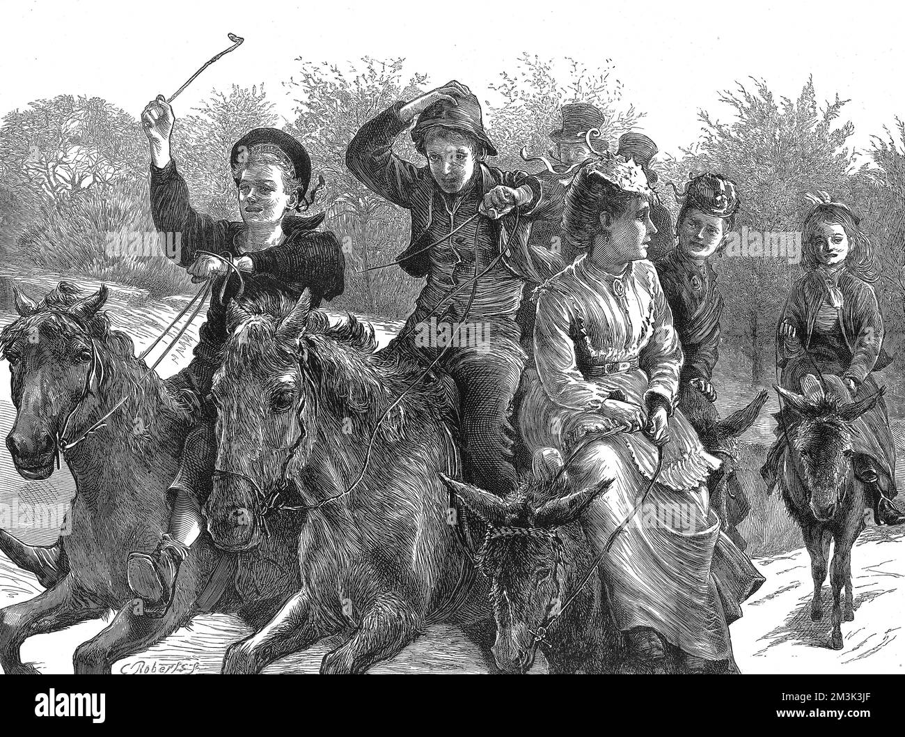 A group of women, boys and girls riding donkeys on Hampstead Heath during a holiday.  1873 Stock Photo