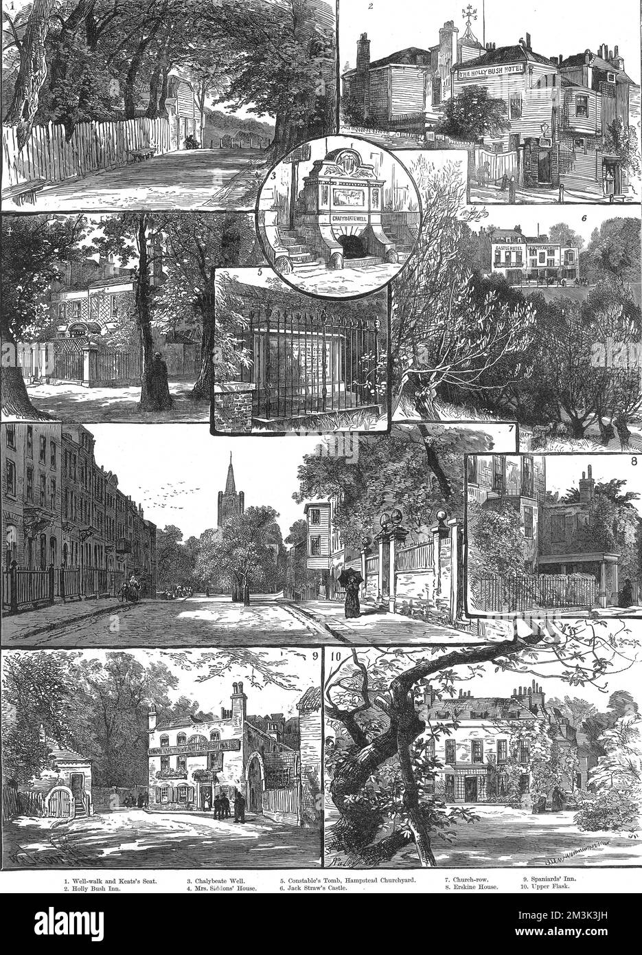 Series of scenes around Hampstead, in London, 1886.  The images show (clockwise from top left): Well Walk and Keat's Seat; Holly Bush Inn; Jack Straw's Castle; Erskine House; Upper Flask; Spaniard's Inn; Church Row; Mrs. Siddon's House. The two centre images are Chalybeate Well (top) and Constable's Tomb in Hampstead Churchyard.  1886 Stock Photo