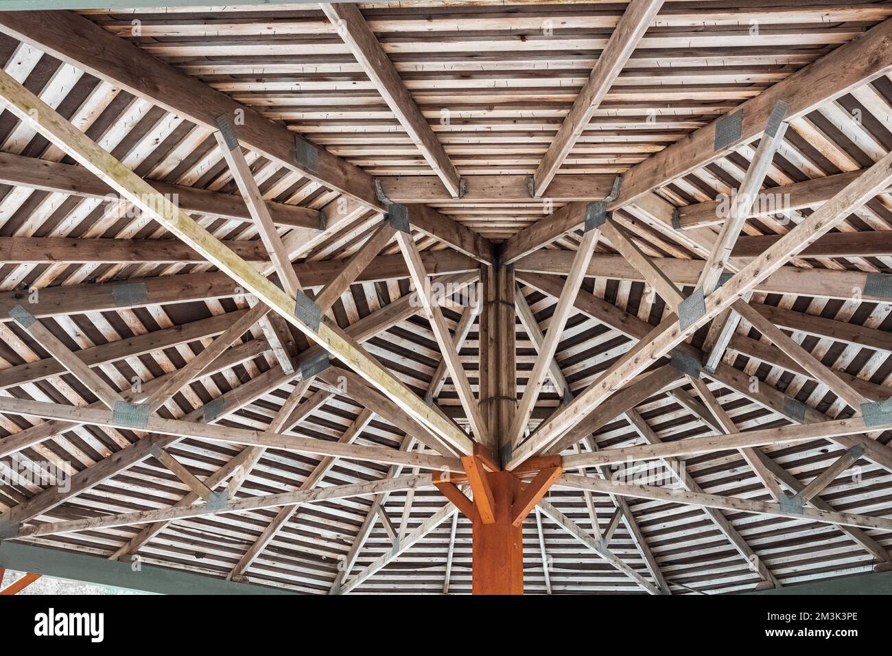 Part of the wooden roof structure on the gazebo. The inside roof of a wooden garden gazebo, looking up and out from within. Nobody, selective focus Stock Photo
