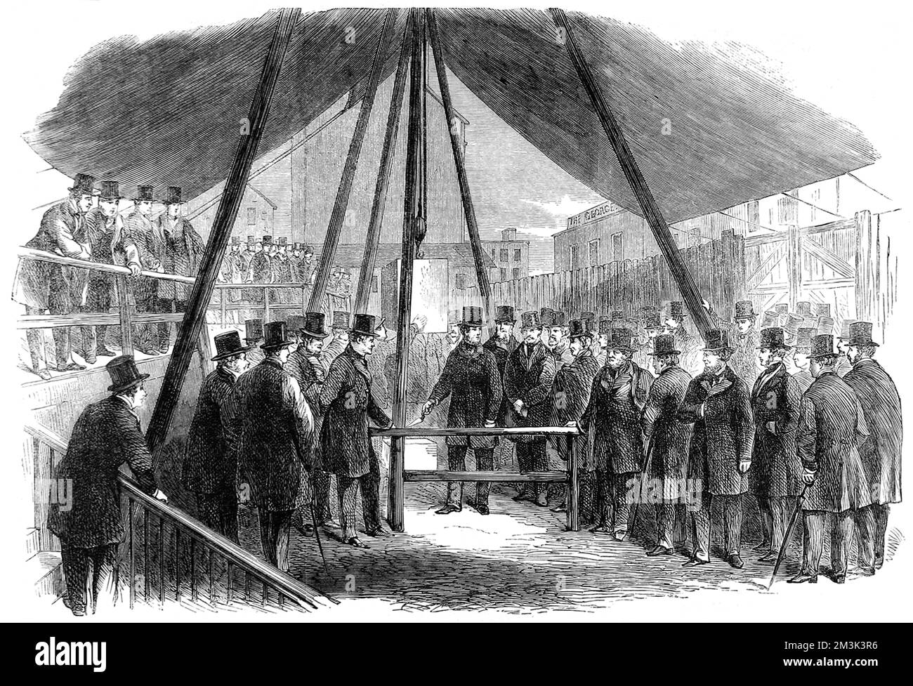 Engraving showing Lord Berners laying the foundation stone of the Agricultural Hall, Islington, North London.  1861 Stock Photo