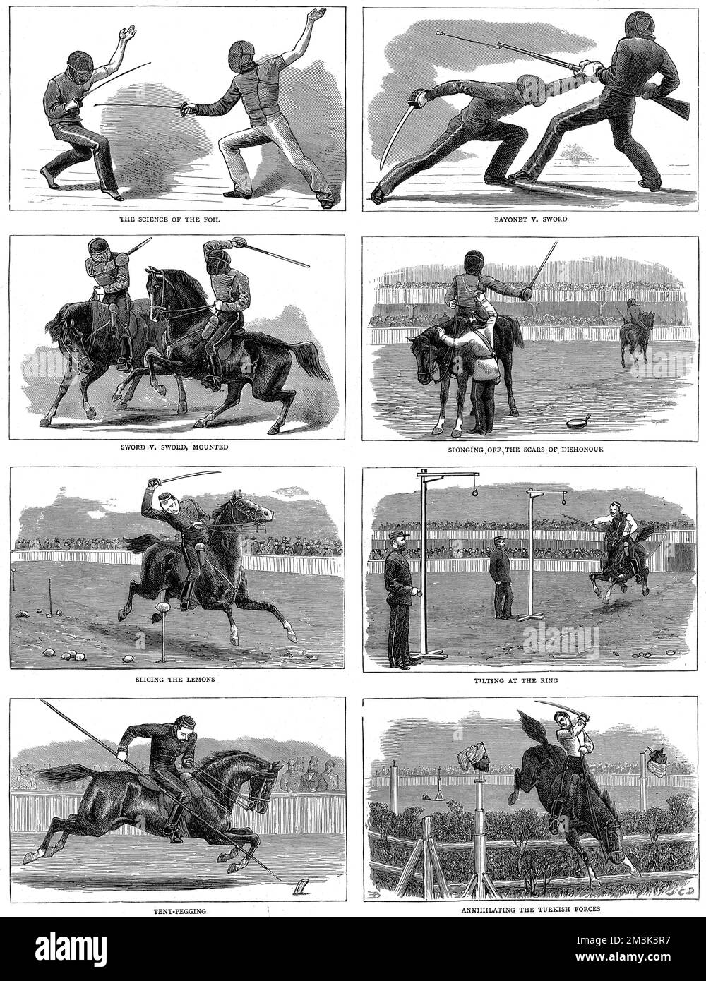 Series of engravings showing seven of the events held during the Military Tournament and Assault of Arms, Agricultural Hall, Islington, June 1880.   The images depict (clockwise from top right): Bayonet vs. Sword; Sponging off the Scars of Dishonour; Tilting at the Ring; Annihilating the Turkish Forces; Tent-Pegging; Slicing the Lemons; Sword vs. Sword, mounted; The Science of the Foil.  1880 Stock Photo