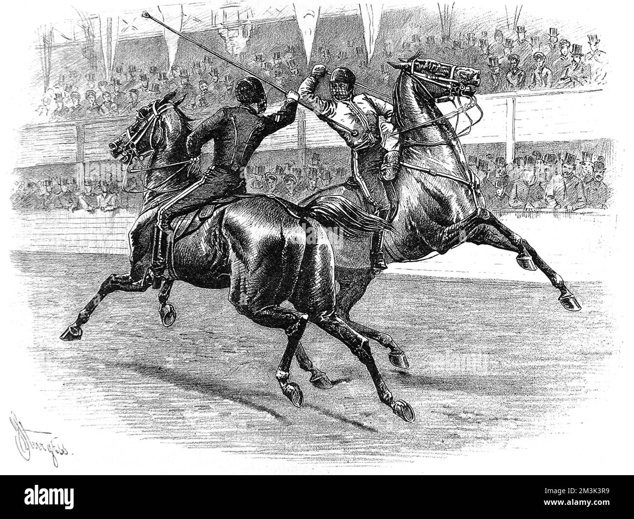 Engraving showing a bout of combat in the mounted lance vs. sword category, at the Military Tournament and Assault of Arms, June 1880.  This event was held in the Agricultural Hall, Islington, North London.     Date: 3 July 1880 Stock Photo