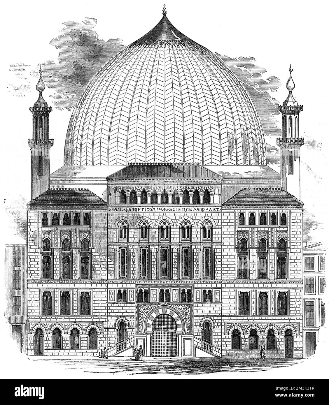 The Royal Panopticon of Science and Art, which was being built in Leicester Square during 1852. When constructed the Panopticon's dome was somewhat smaller in size than this image suggests.  This building later became the Alhambra Theatre and then the Odeon.  1852 Stock Photo