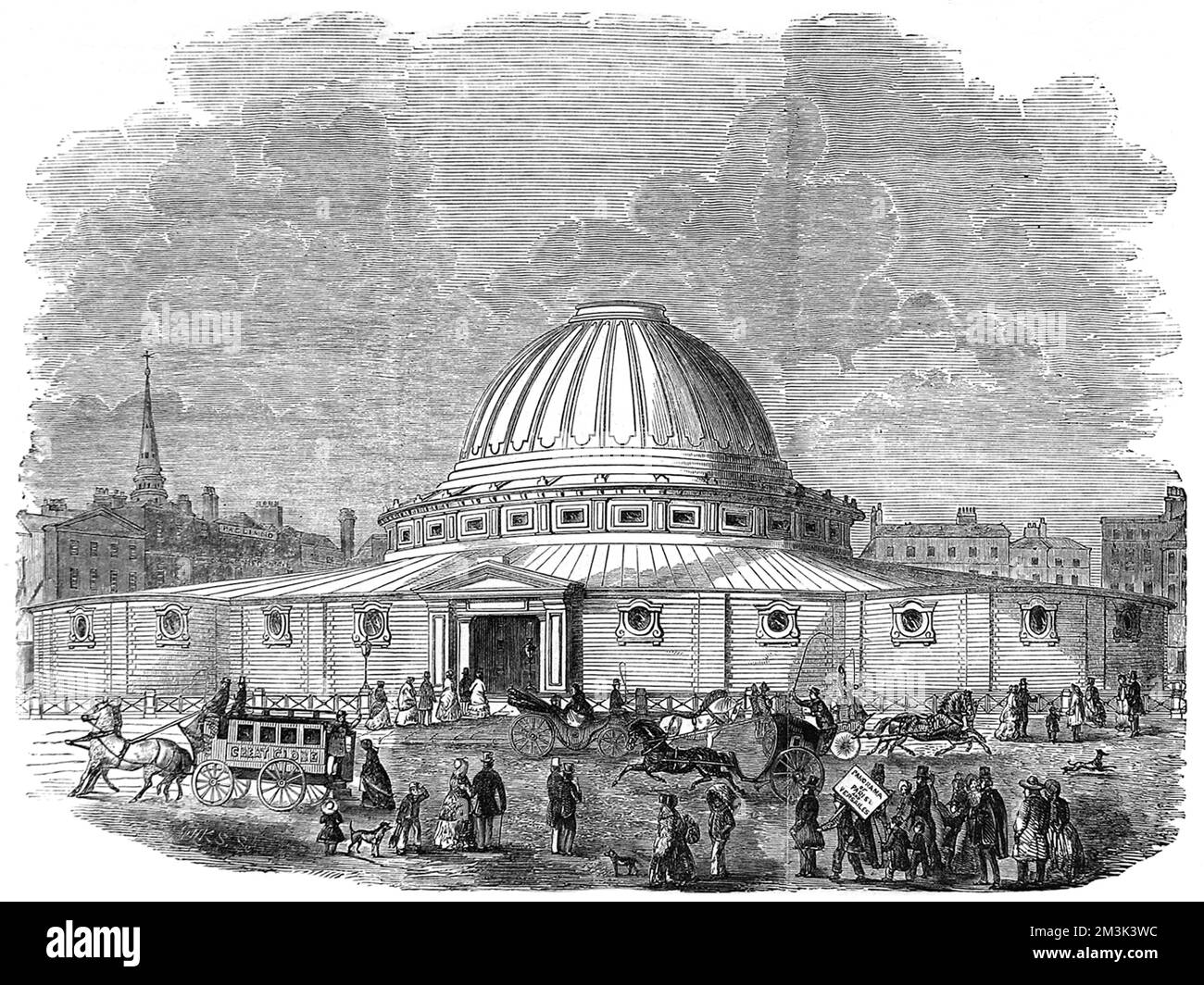 Engraving showing the building built for 'Wyld's Great Globe' in the early 1850's. This building housed a 10,000 sq. foot painting of planet Earth.  During the Crimean War, the positions of the fighting forces of Britain, France, Turkey and Russia were posted onto the painting, as the latest news arrived in London.  1851 Stock Photo