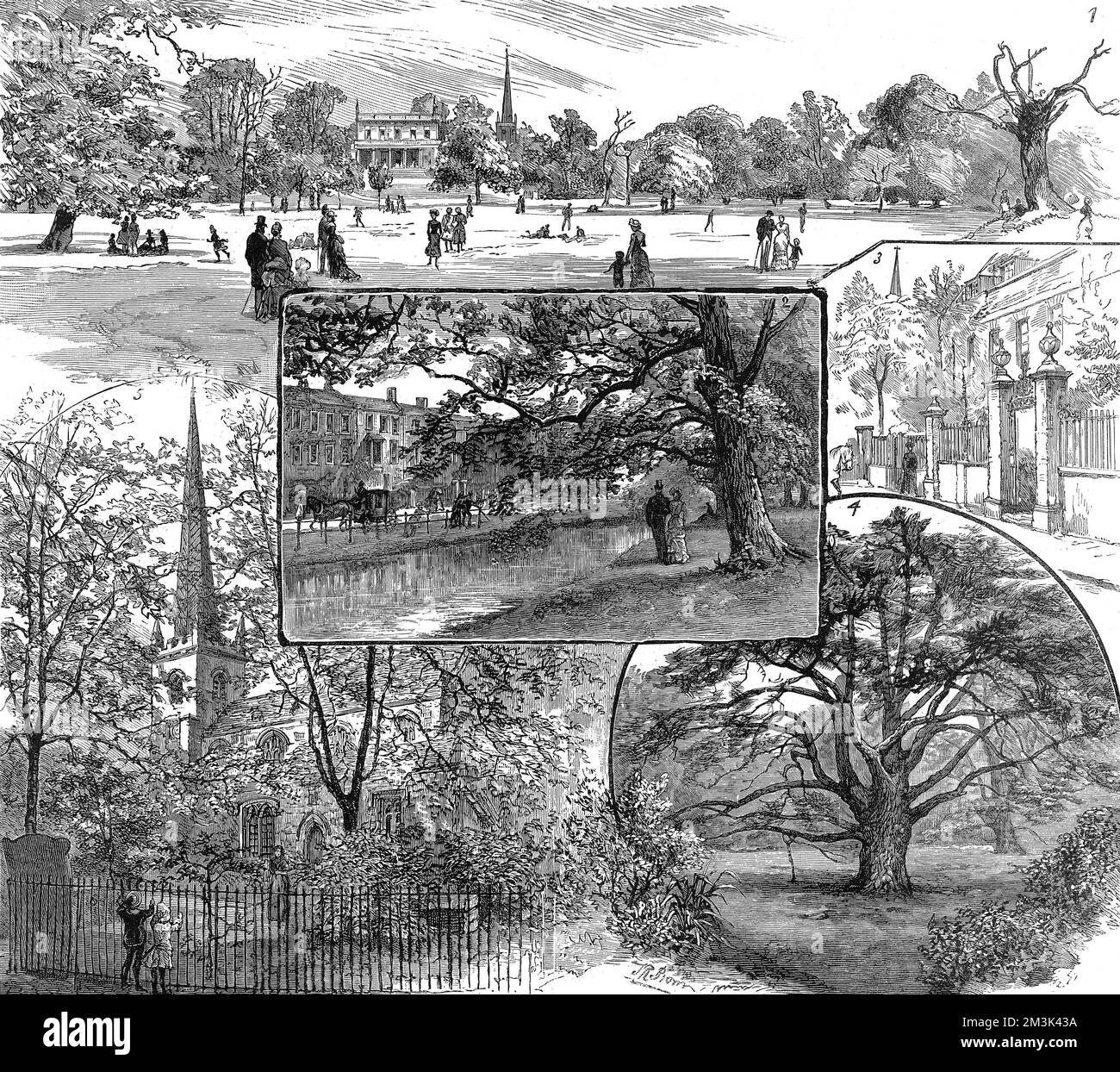 A series of scenes of Clissold Park and the surrounding area, 1885.   The images show (clockwise from top): Horse-Shoe Field; Church Street; Old Yew Tree; the Old Church. The centre image shows Paradise Row and the New River.  1885 Stock Photo