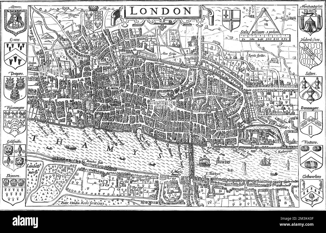 Map, made by Pieter Vanden Keere, showing the extent of London in 1593.      Around the edge of the map are the crests of twelve of the Merchant Guilds.  The ones shown are: Mercers, Grocers, Drapers, Fishmongers, Goldsmiths, Skinners, Merchant Taylors, Haberdashers, Salters, Ironmongers, Vintners and Clothworkers.     Date: 1593 Stock Photo