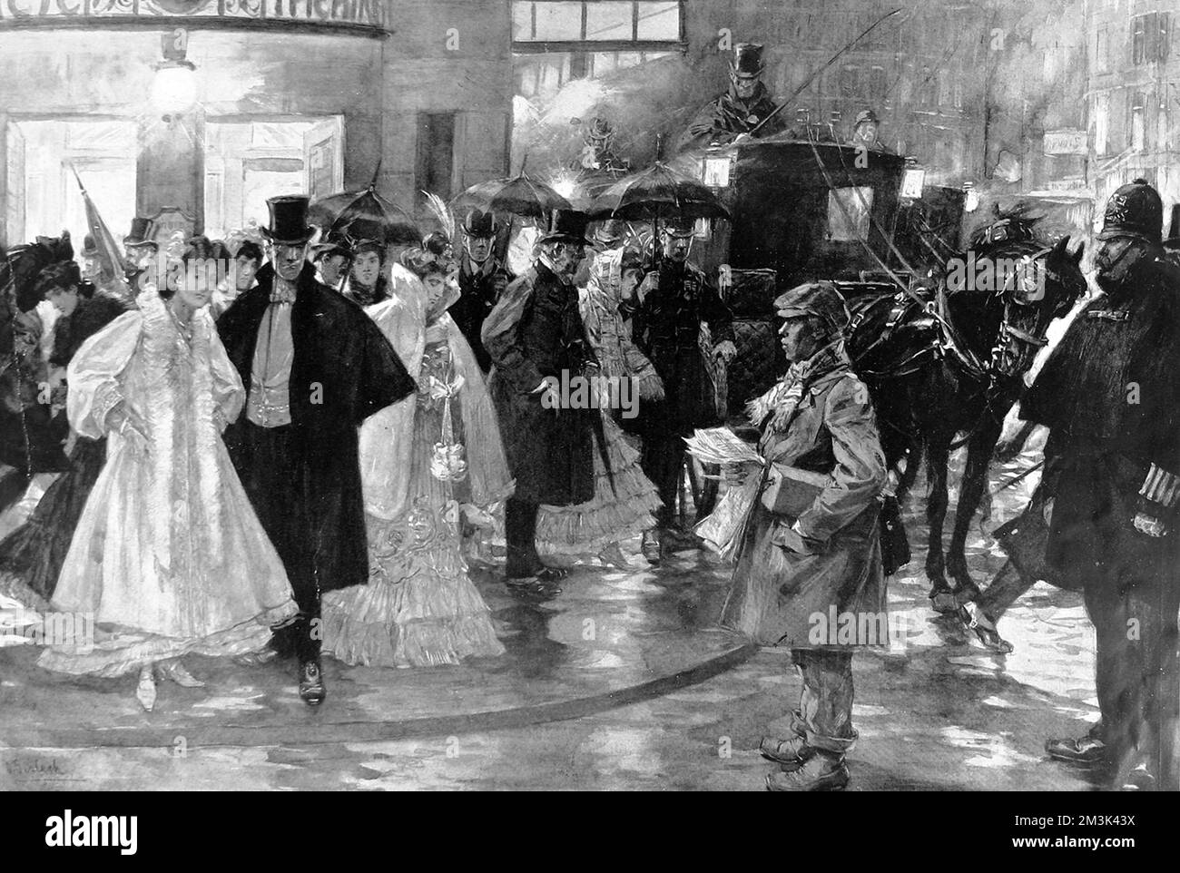 British theatre-goers rushing to their carriages after the end of their play, Strand, London.  1907 Stock Photo