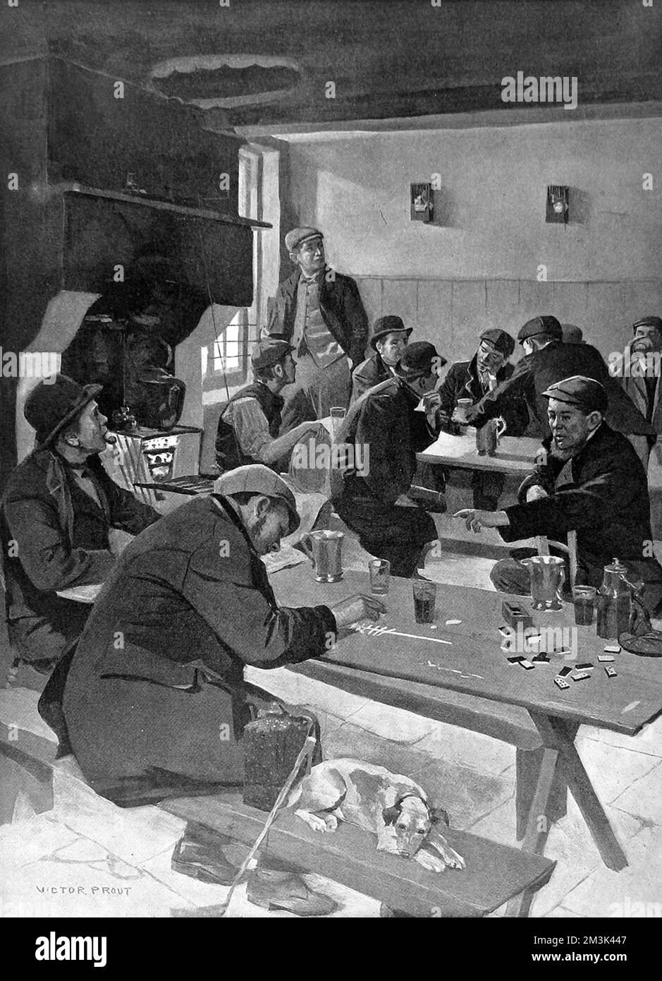 A bird singing match, in progress in a public house, in the East End of London. The birds, in little cages on the back wall, would be given a certain amount of time to sing and the number of notes that they produced would be recorded (in this case on the dining table in the foreground).     Date: 1903 Stock Photo