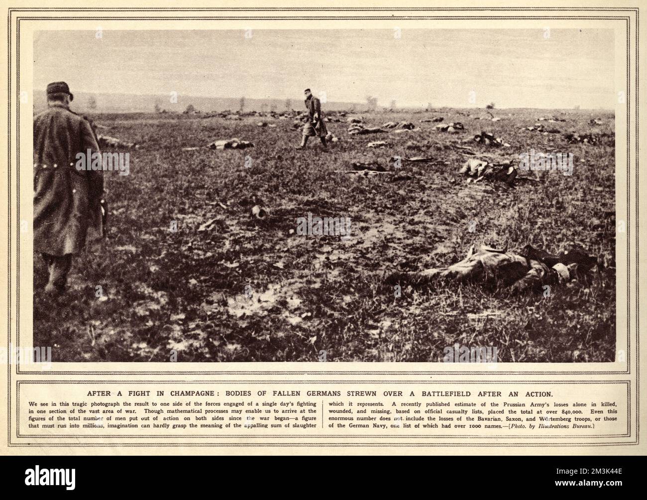 After a fight in Champagne: Bodies of fallen German soldiers strewn over a battlefield after action.     Date: 1915 Stock Photo
