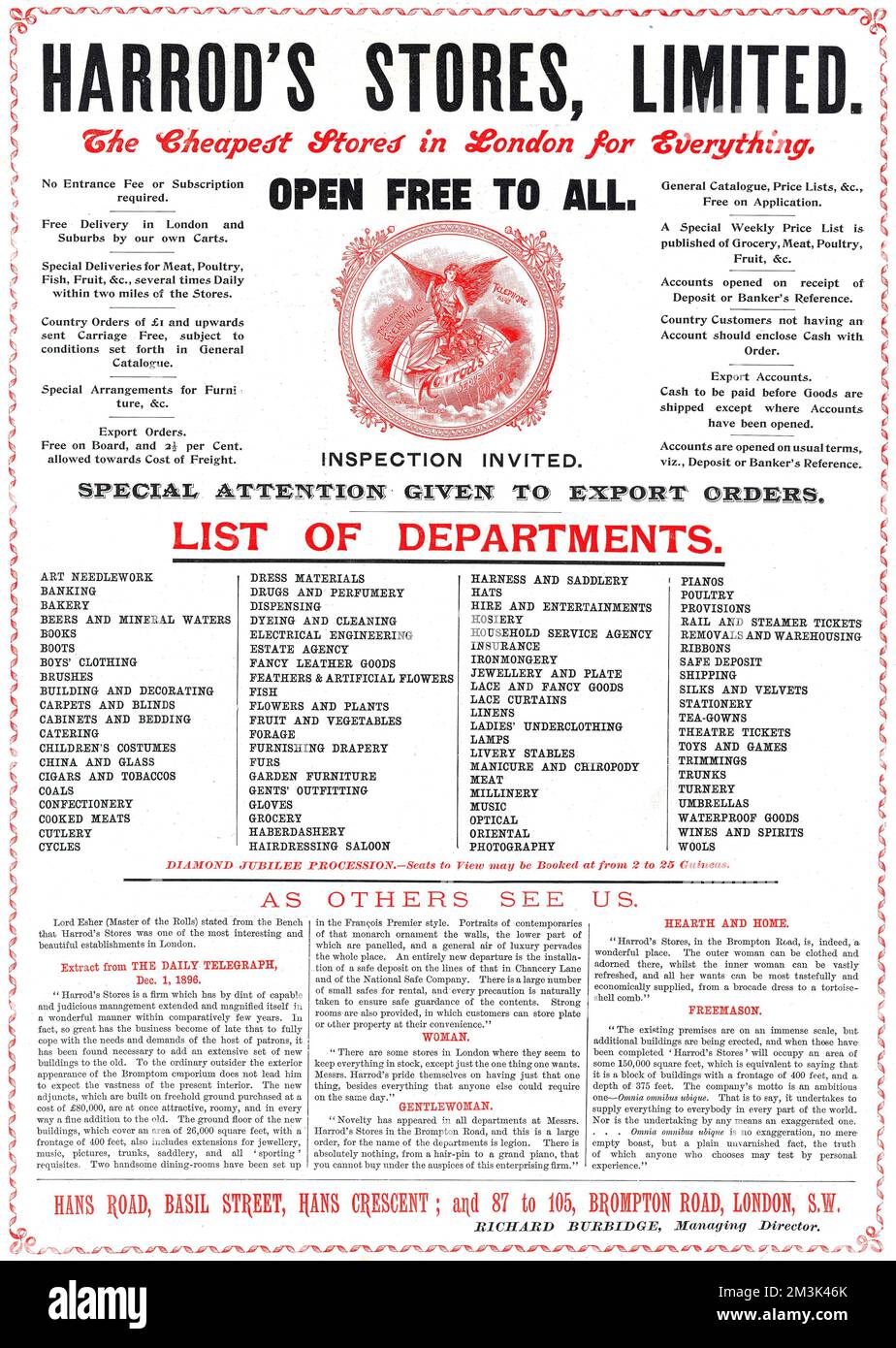 Advertisement for Harrods department store, London, in 1897. Date