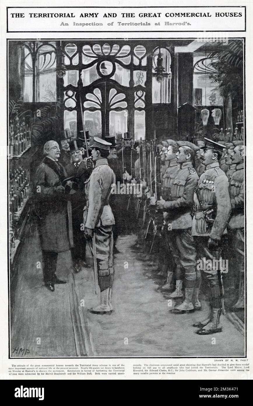 Inspection of a unit of the Territorial Army, raised from store employees, in Harrods department store, London. Stock Photo