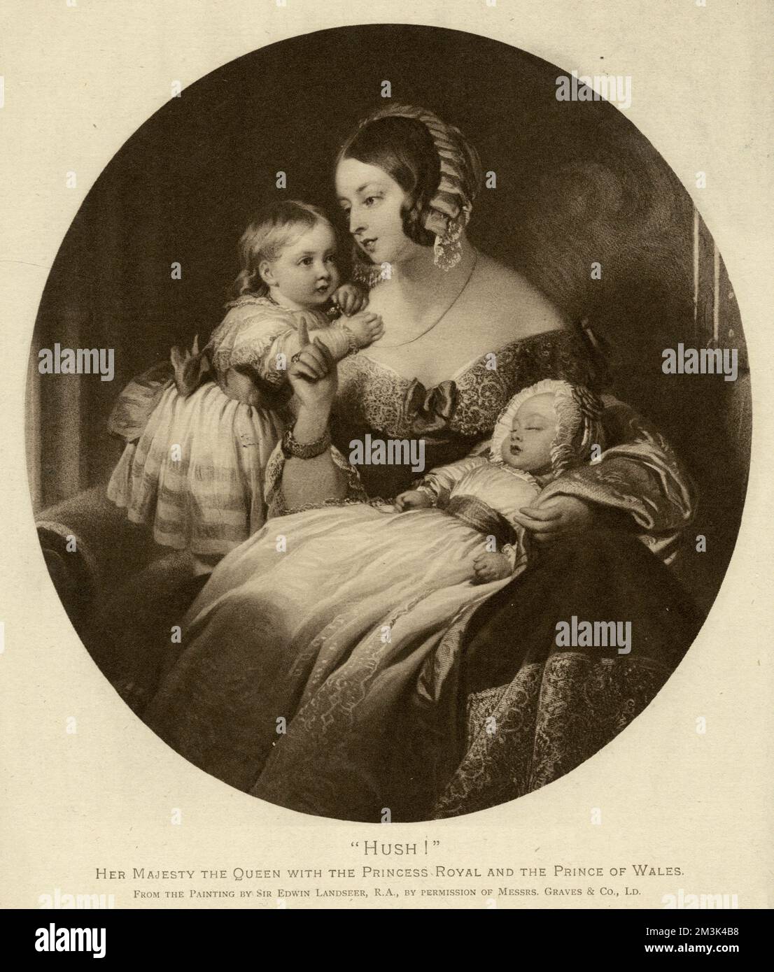 Lithograph from a painting by Edwin Landseer of Queen Victoria at the age of 22 with her two eldest children, the Princess Royal ('Vicky'), later Empress Frederick of Prussia, and Albert Edward, Prince of Wales, later Edward VII.     Date: 1841 Stock Photo