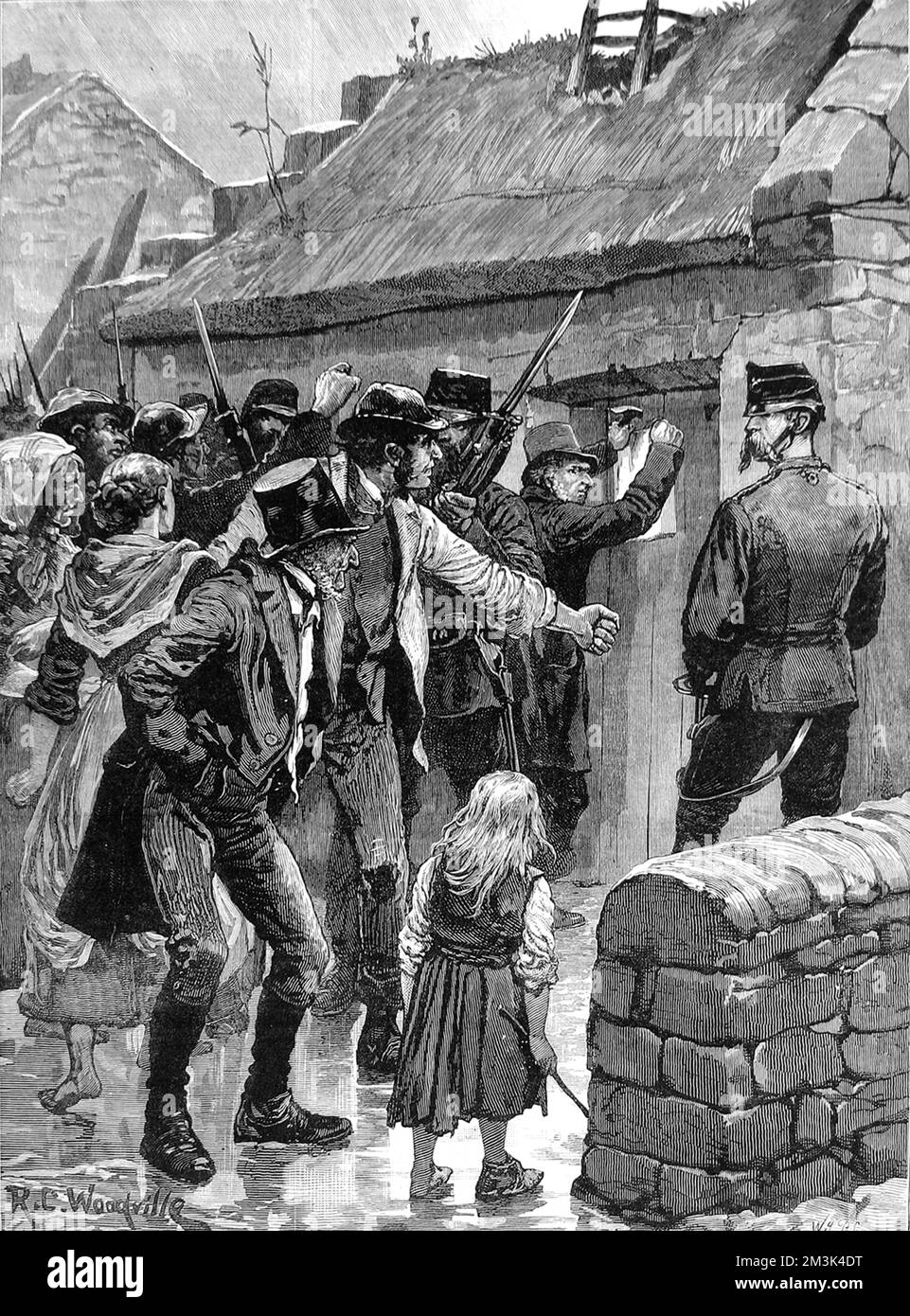 A crowd outside a dwelling where an eviction notice is being served. The presence of armed enforcers and the gentleman banging on the door with a mallet or hammer makes the scene very tense and menacing. It is possible that the tenants will be forcibly evicted within minutes. Evictions of peasants was widespread in 19th century Ireland against the backdrop of the potatoe famine and lack of other means of employment - as peasants fell behind with their rent. Stock Photo