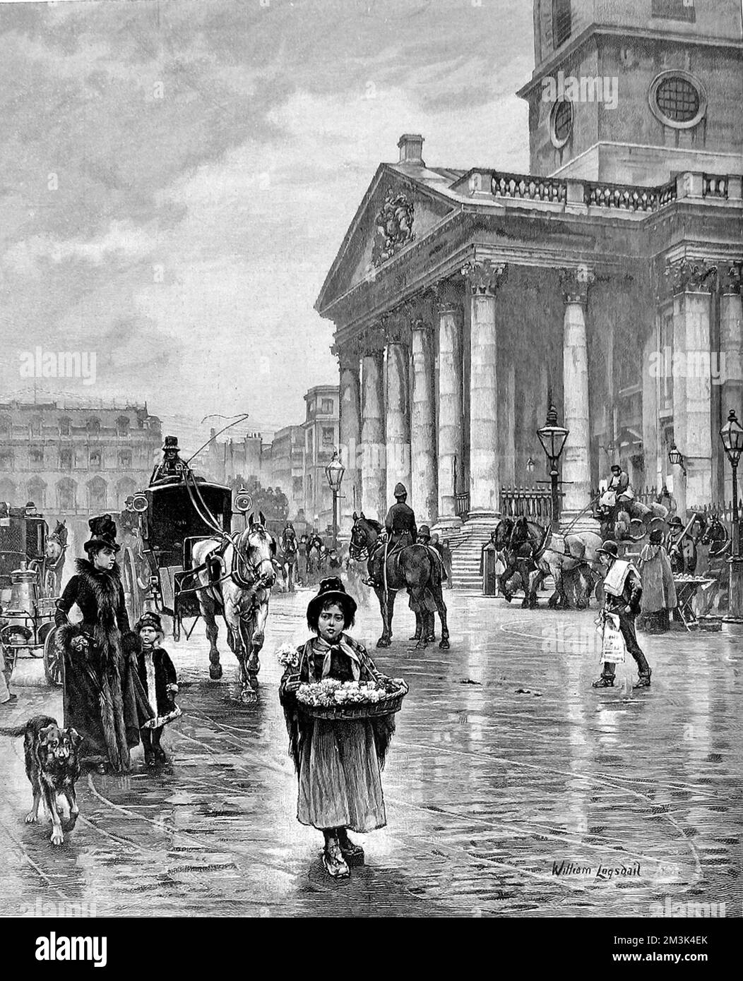 London flower-selling girl outside the church of St. Martin's-in-the-Fields, 19th century.  1894 Stock Photo