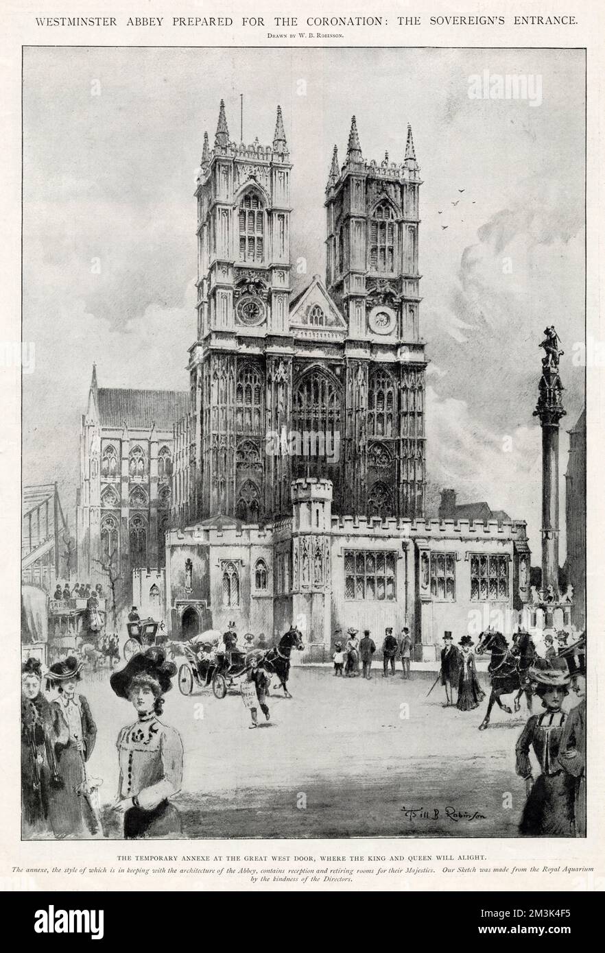 The coronation of Edward VII and Alexandra. Exterior of Westminster Abbey, London, with the temporary Annex at the Great West Door. The annex was built to contain reception and retiring rooms for the King and Queen during their 1902 coronation.     Date: 31 May 1902 Stock Photo