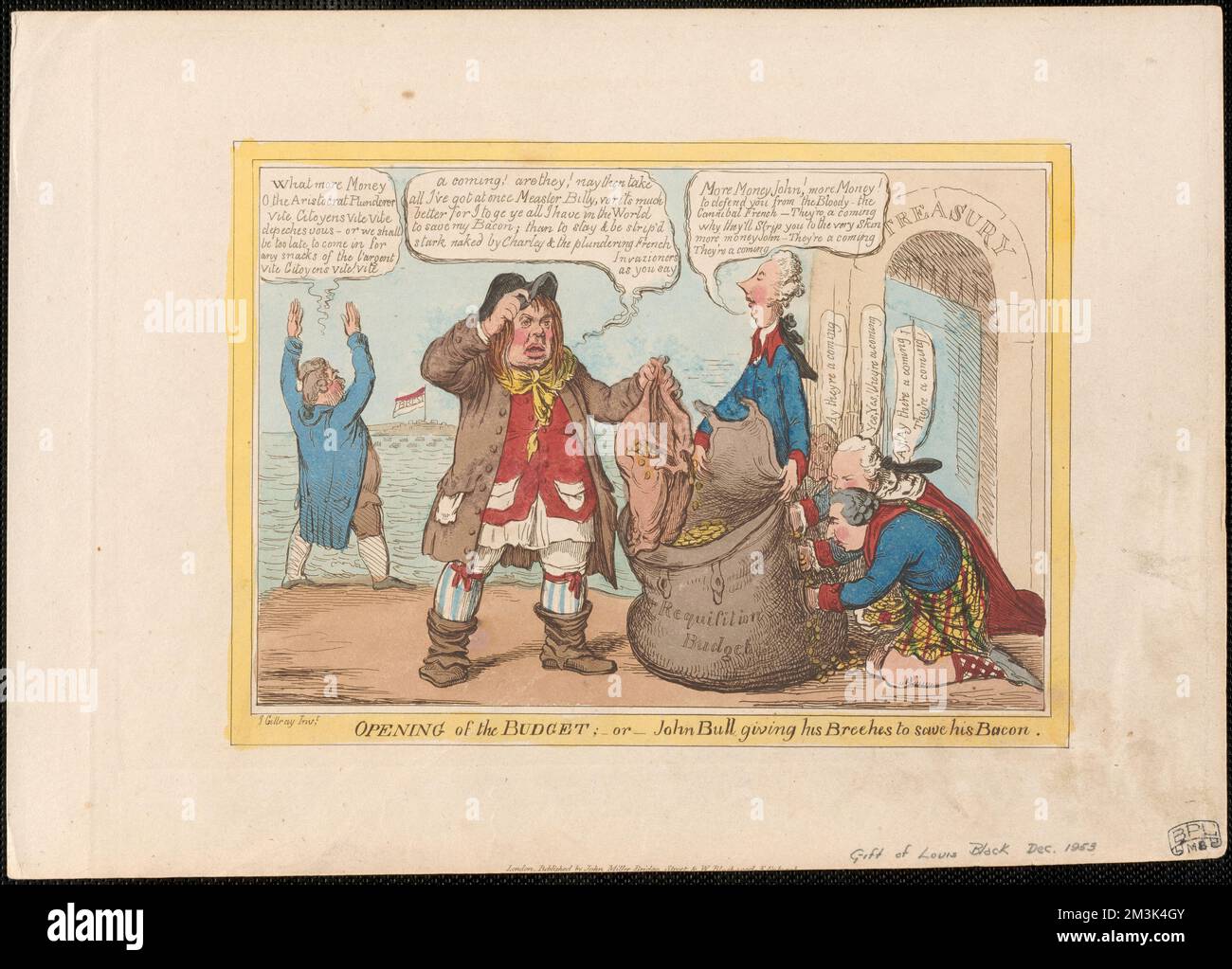 Opening of the budget - or - John Bull giving his breeches to save his bacon , Politicians, Prime ministers, Nobility, Taxes, John Bull Symbolic character, Pitt, William, 1759-1806, Dundas, Henry, 1742-1811, Fox, Charles James, 1749-1806, Burke, Edmund, 1729-1797, Grenville, William Wyndham Grenville, Baron, 1759-1834. James Gillray (1756-1815). Prints and Drawings Stock Photo