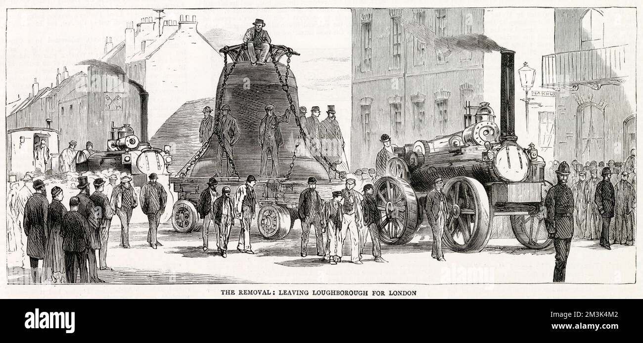 Transport of a 'Great Bell' or tenor bell from Loughborough to St. Paul's Cathedral, London, 1882.  This bell, which required a large traction engine to transport, weighed approximately 62 cwt. Stock Photo