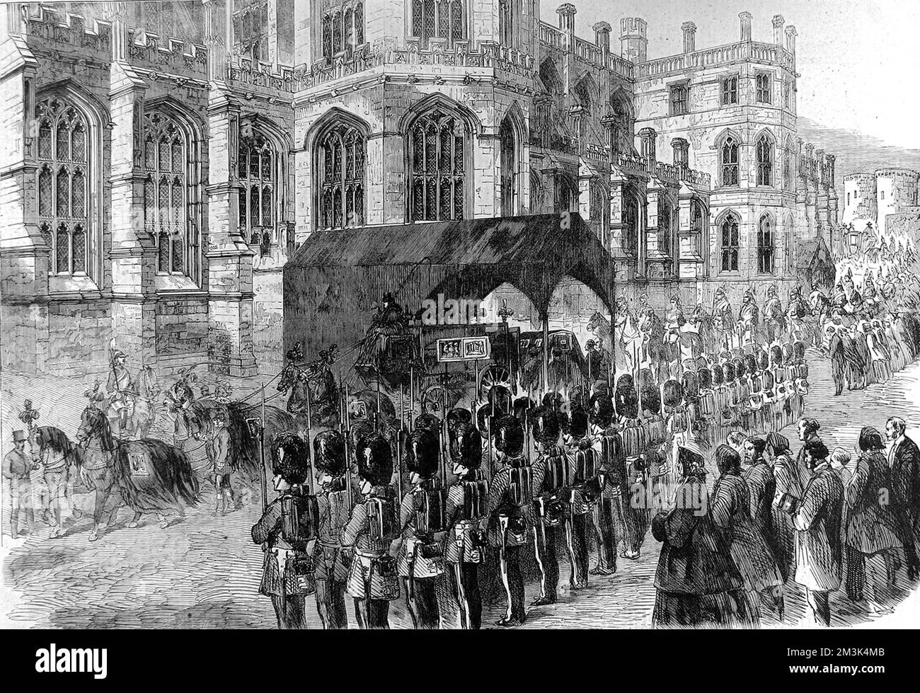 The Funeral of the late Prince Albert, husband of Queen Victoria. The hearse drawn by horses is at St. George's Chapel flanked by a Guard of Honour. The funeral procession is witnessed by crowds of mourners.     Date: January 1862 Stock Photo