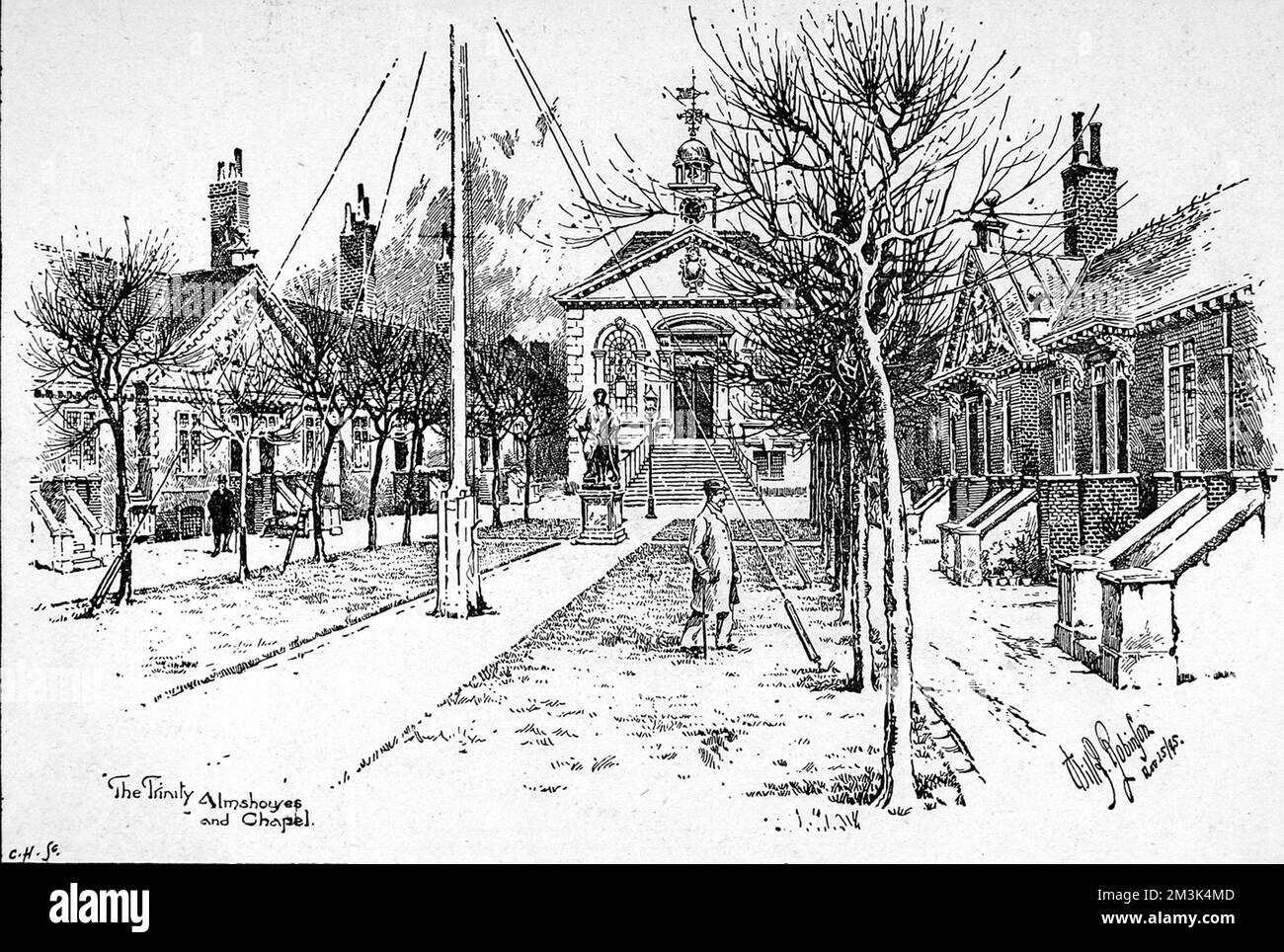 Exterior of the Trinity Almshouses and Chapel in Mile End, London, 1895.  1895 Stock Photo