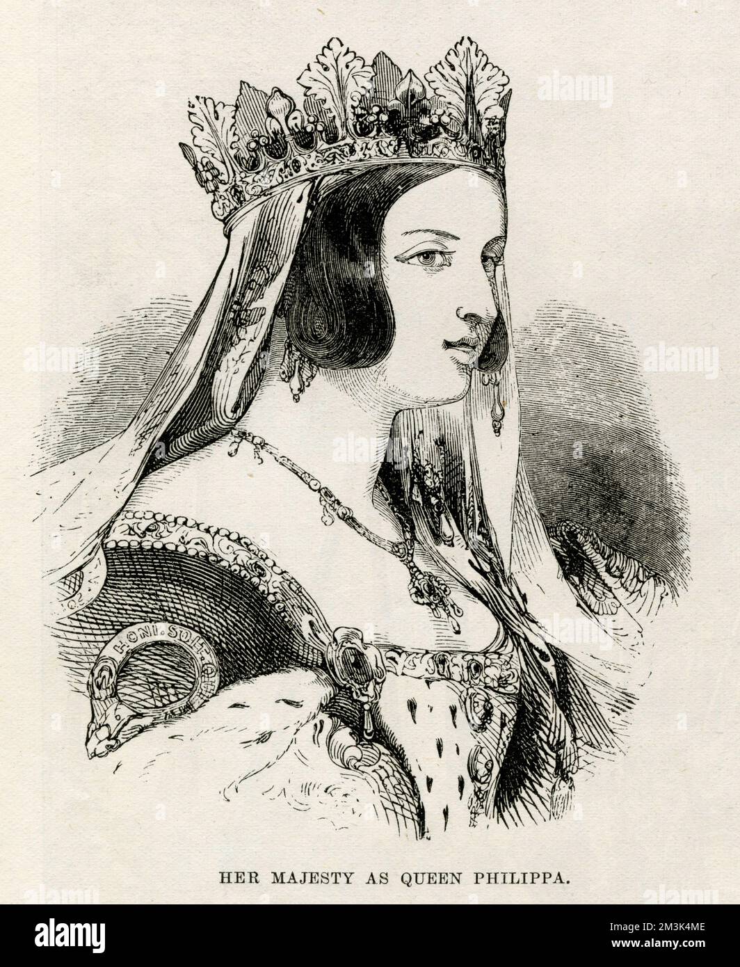 Queen Victoria in fancy dress for the 'Queen's historical costume ball' held on the 12th May 1842.  The Queen chose to dress as Philippa, Queen of Edward III. Her splendid attire included lining of miniver fur, which she alone wore at her ball.     Date: 12 May 1842 Stock Photo