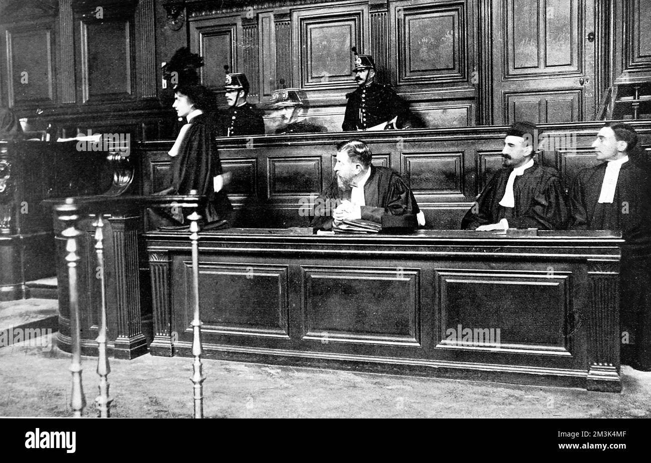 Photograph showing Maitre Helene Miropolsky, the first female barrister in Europe, in the Court of Assizes, Paris, 1910.     Date: 02/04/1910 Stock Photo