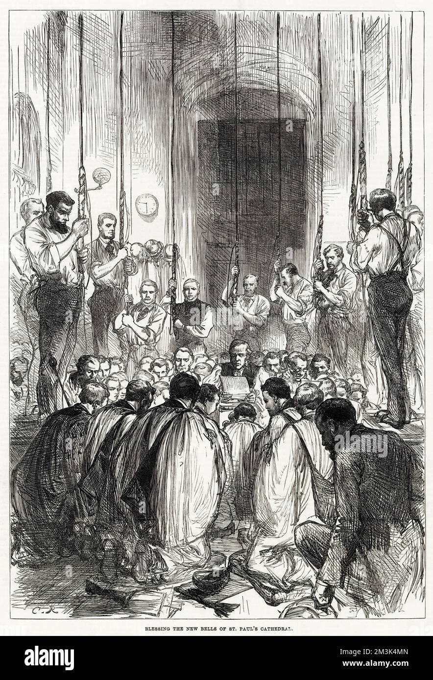 Ceremony held to bless the newly installed bells of St. Paul's Cathedral, London. A group of clergy, kneeling in prayer, and the ringers, members of the 'Ancient Society of College Youths', standing at their ropes. Stock Photo