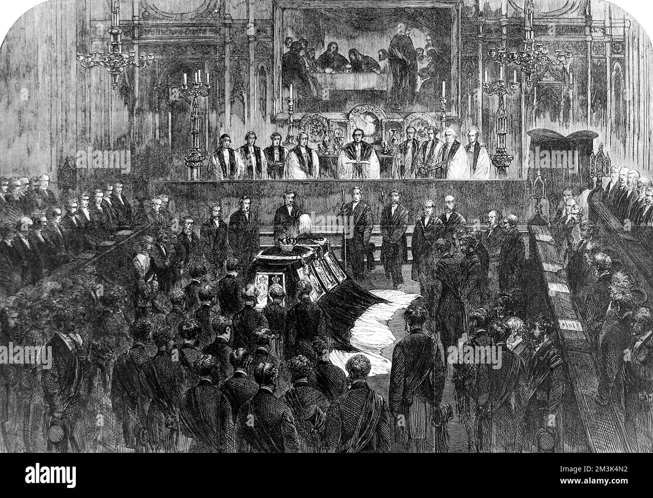 The funeral ceremony of Prince Albert taking place in the choir. The coffin lies in state. 1862